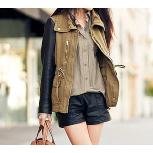 Zara Linen Lamb Leather Jacket Army Olive Green Utility Moto Edgy Biker Coat XS - Picture 2 of 16